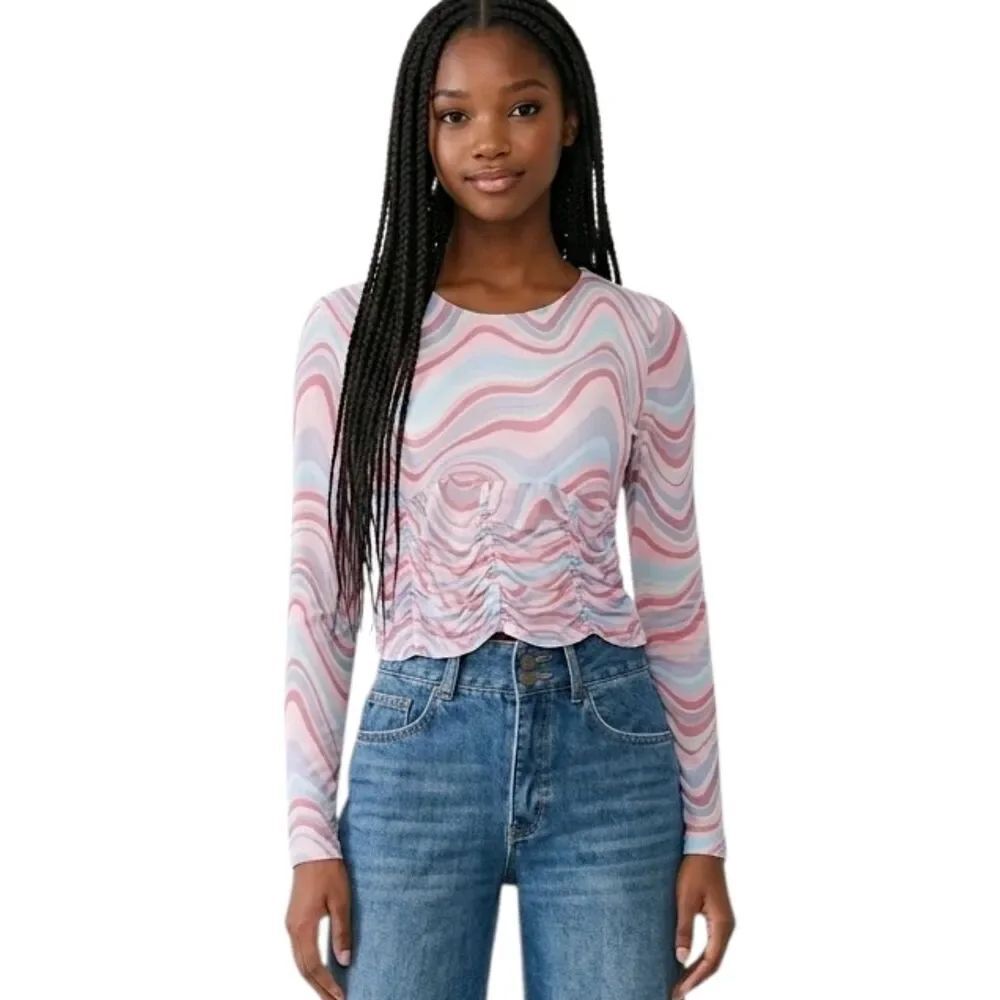 Madden NYC Multi Color Ruched Long Sleeve Cropped Top Size XXL Youth